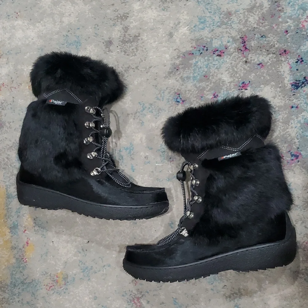 Pajar Bionda Black Faux Fur Lace-Up Winter Boots Size 41 Or 10 - 10.5